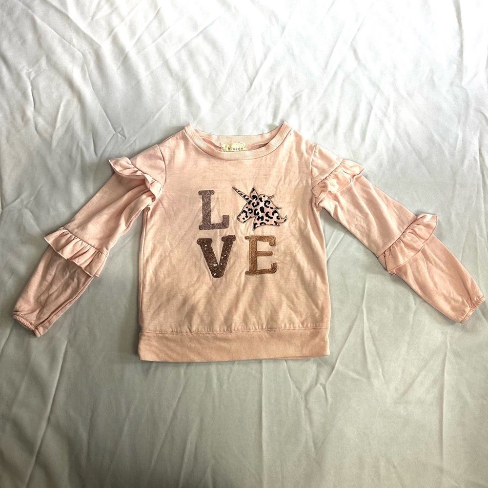 Btween Girls Long Sleeve Ruffle Love Leopard Unicorn Pink Gold Sweatshirt Sz 7